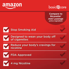 Amazon Basic Care Mini Nicotine Lozenge 4 mg cherry ice tablet in blister pack.