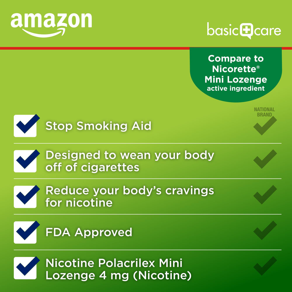 Amazon Basic Care mini nicotine lozenge blister pack close-up emphasizing portability.
