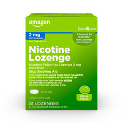 Amazon Basic Care mini nicotine lozenge citrus packaging promotes easy craving management.
