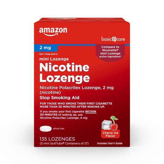 Amazon Basic Care mini lozenge Cherry Ice packaging front, convenient quit-support option.