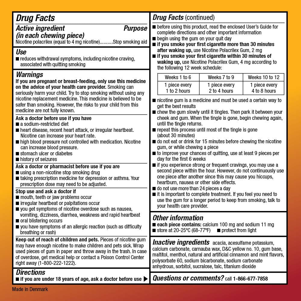 Amazon Basic Care nicotine gum 4 mg cinnamon label close-up with details.