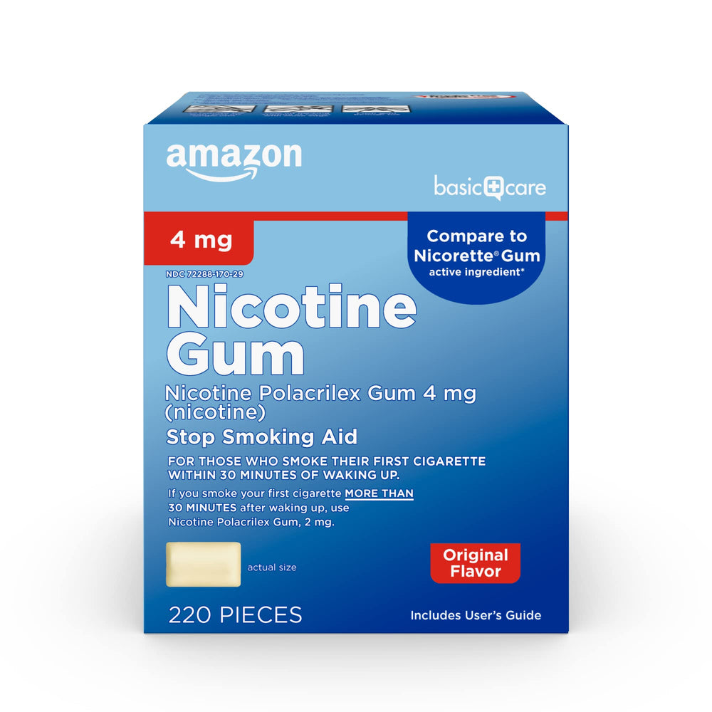 Amazon Basic Care Nicotine Gum 4 mg original packaging promotes steady quit support.
