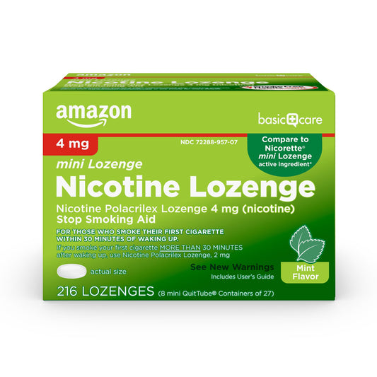 Amazon Basic Care nicotine lozenge 4 mg mint pack front shows convenient quit aid packaging