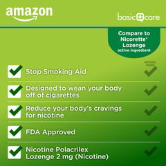Amazon Basic Care Nicotine Polacrilex Lozenge mint lozenge rests on the tongue.