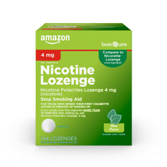 Amazon Basic Care nicotine lozenges mint packaging with 144-count bottle for discreet use
