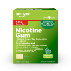 Amazon Basic Care nicotine gum 4 mg box front for quitting support.