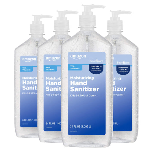 Amazon Basic Care Original Hand Sanitizer bottle front shows its 62% alcohol content for quick sanitizing