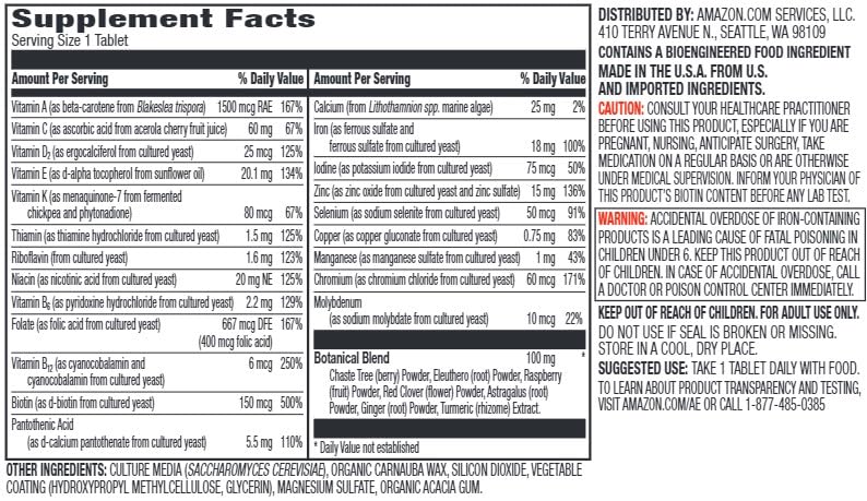 Amazon Elements packaging highlights vegan, gluten-free formula with 22 vitamins and minerals