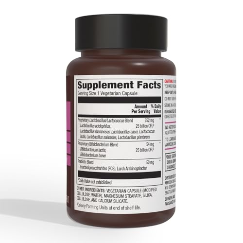 Amazon Elements probiotic bottle label shows seven strains for daily balance and wellness.