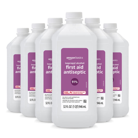 Amazon Basics isopropyl alcohol 91% six-bottle pack ready for first aid tasks.