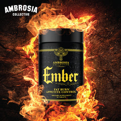 Ambrosia Ember ingredients panel highlighting CapsiMax, African Mango, and CoQ10.