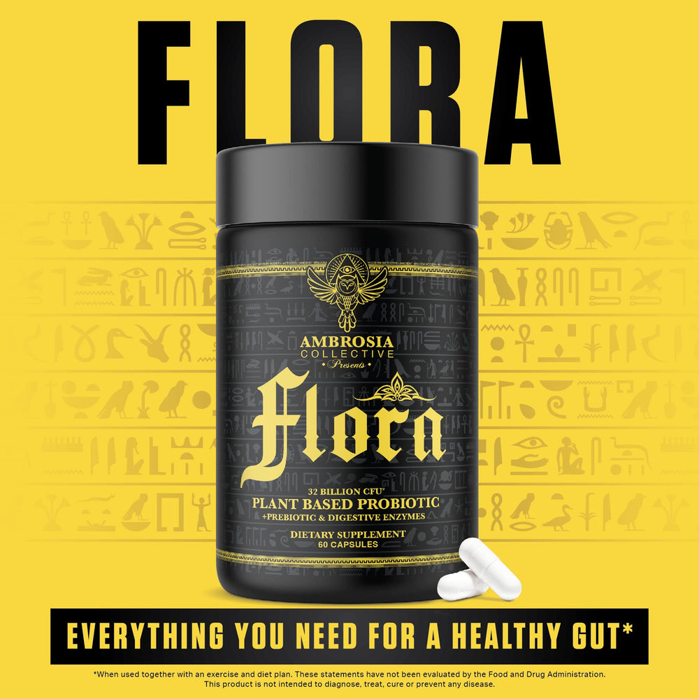 Ambrosia Flora bottle on shelf signaling convenient daily digestive support.