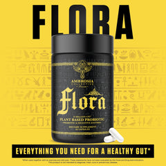 Ambrosia Flora bottle on shelf signaling convenient daily digestive support.