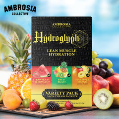 Ambrosia Hydroglyph in a clear glass with ice showing refreshing hydration