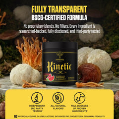 Close-up of Ambrosia Kinetic ingredients highlighting mushrooms and nootropics.