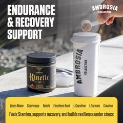 Ambrosia Kinetic label highlights mushrooms and nootropics blend.