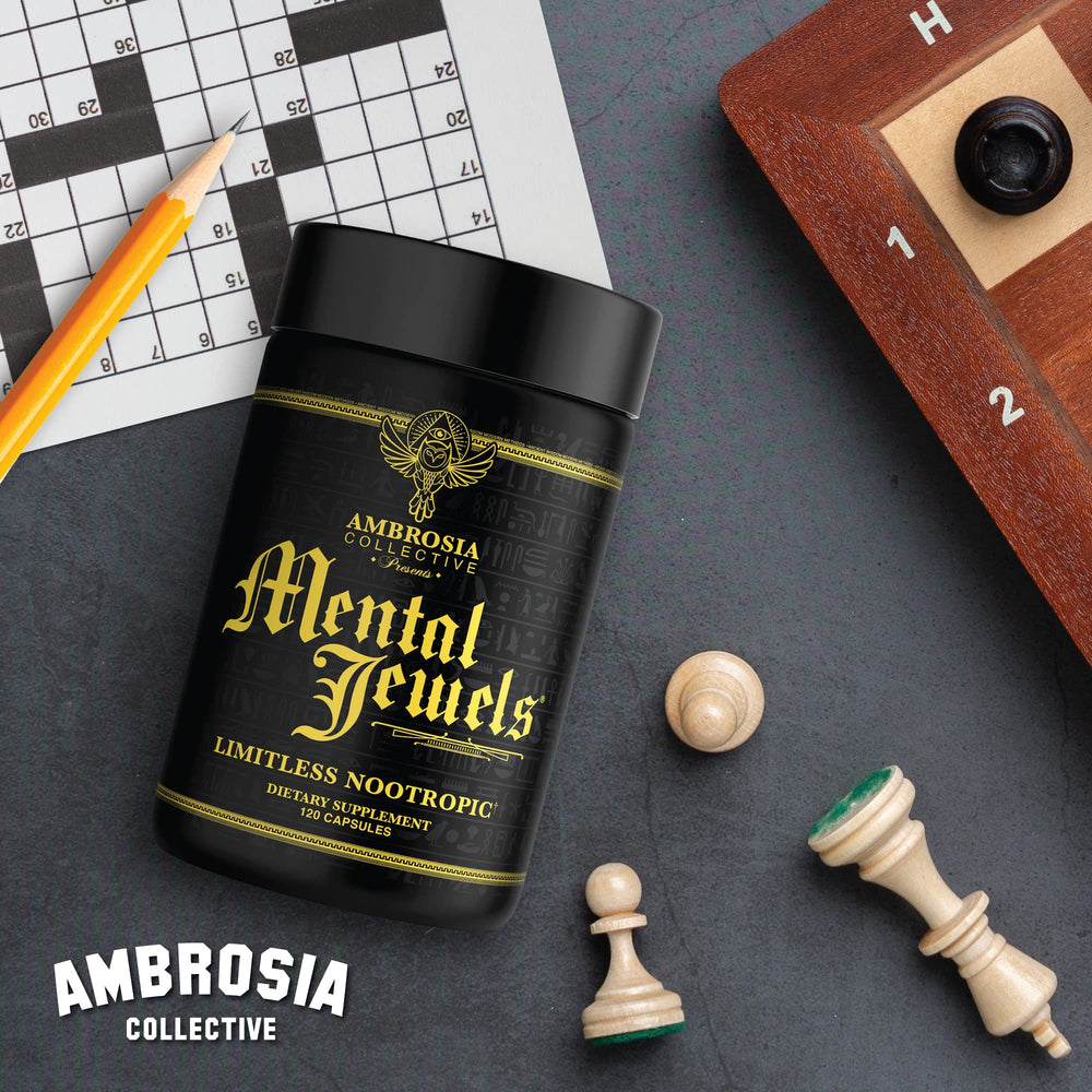 Ambrosia Mental Jewels box and bottle convey premium brain support.