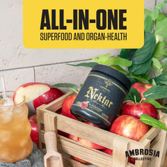 Ambrosia Nektar Apple Symphony powder pouring into water for easy mix