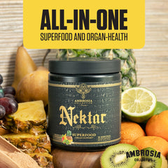 Ambrosia Nektar ingredients panel highlights hawthorn berry and pumpkin seed