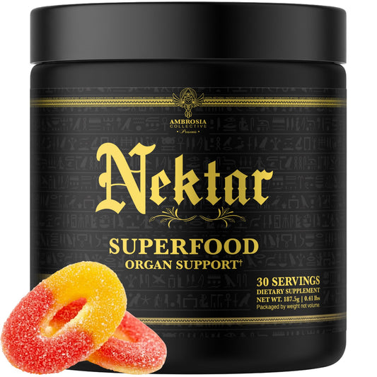 Ambrosia Nektar tub front showing label and powder for daily energy support.