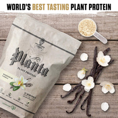 Ambrosia Planta ingredients bowl shows plant-based protein blend for daily nutrition.