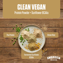 Ambrosia Planta ingredients graphic highlighting peas, rice, and fermented sunflowers.