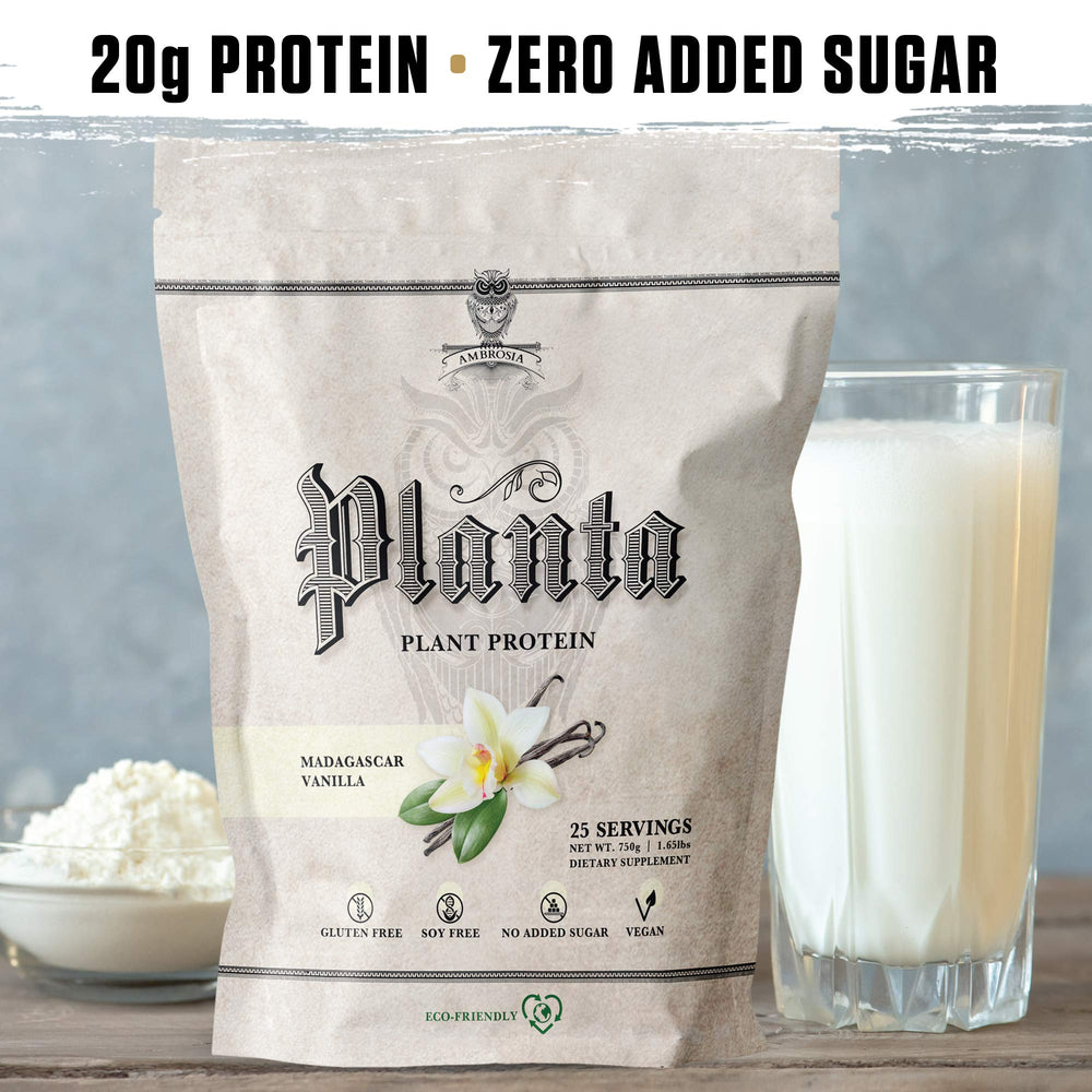 Ambrosia Planta label close-up with clean vegan formula and BSCG certification.
