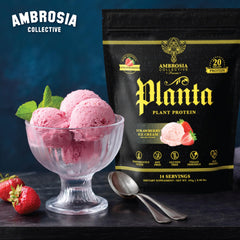 Ambrosia Planta no added sugar badge on tub appeals to sugar-conscious shoppers.