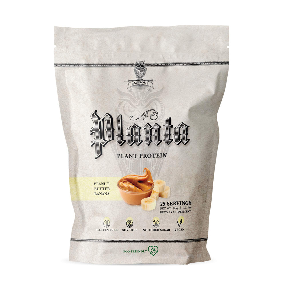 Ambrosia Planta powder scoop with peanut butter banana flavor supports post-workout protein.