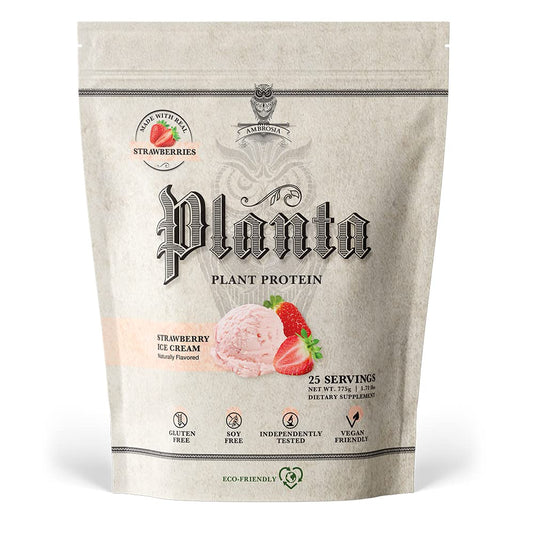 Ambrosia Planta protein powder tub front highlighting dairy-free plant-based protein