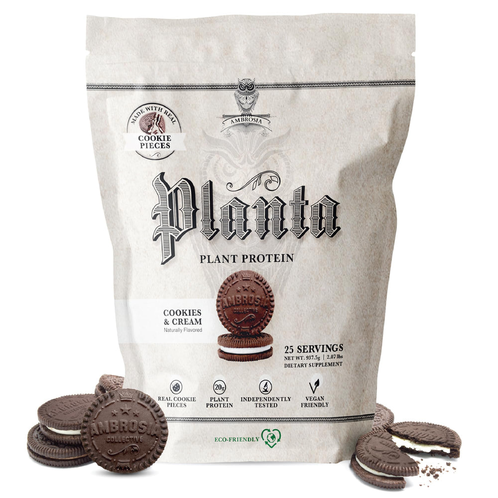 Ambrosia Planta protein bottle shows a 20g serving for dairy-free nutrition