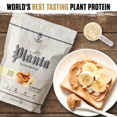Ambrosia Planta scoop beside a glass of shake emphasizes convenient on-the-go nutrition.