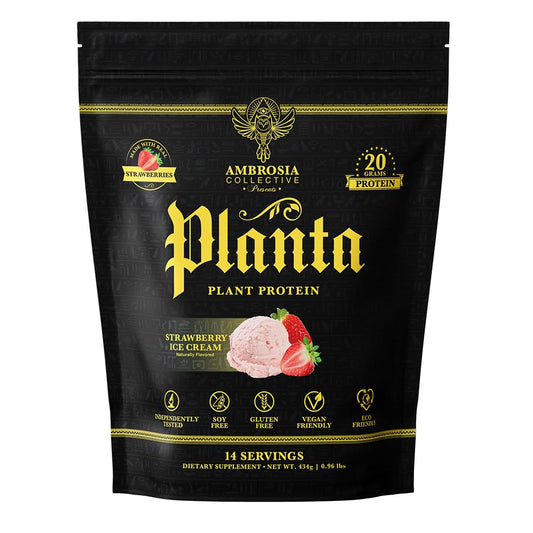 Ambrosia Planta Strawberry Ice Cream tub with premium plant-based protein for post-workout recovery.