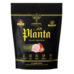 Ambrosia Planta Strawberry Ice Cream tub with premium plant-based protein for post-workout recovery.