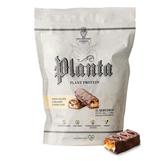 Ambrosia Planta protein powder tub front view for a dairy-free protein boost.