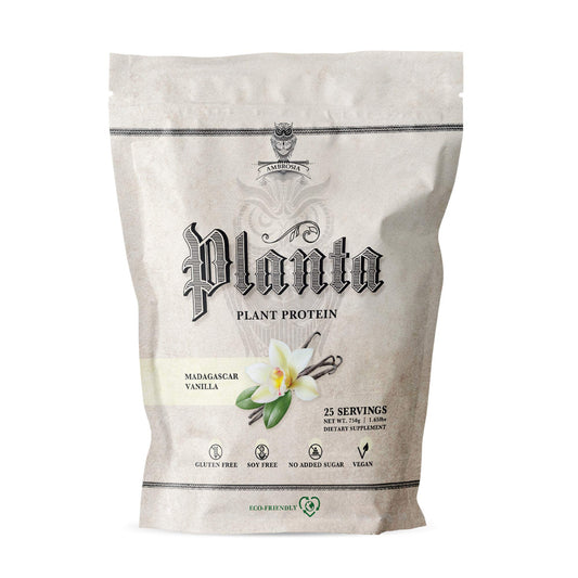 Ambrosia Planta vanilla bottle being poured for a dairy-free protein shake.