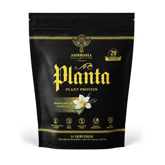 Ambrosia Planta vanilla protein powder package highlight quality plant-based protein.