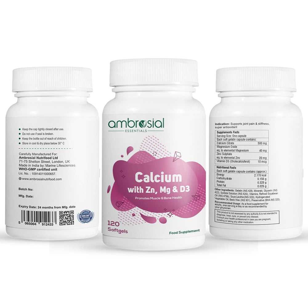 Ambrosial calcium magnesium zinc with d3 supports balanced nutrition for active adults.