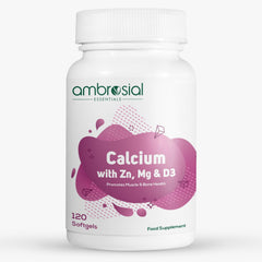 Ambrosial calcium magnesium zinc with vitamin d3 softgels bottle promotes daily bone health support.