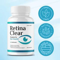 AMACARE Retina Clear daily-use setup featuring water glass for easy two-capsule routine.