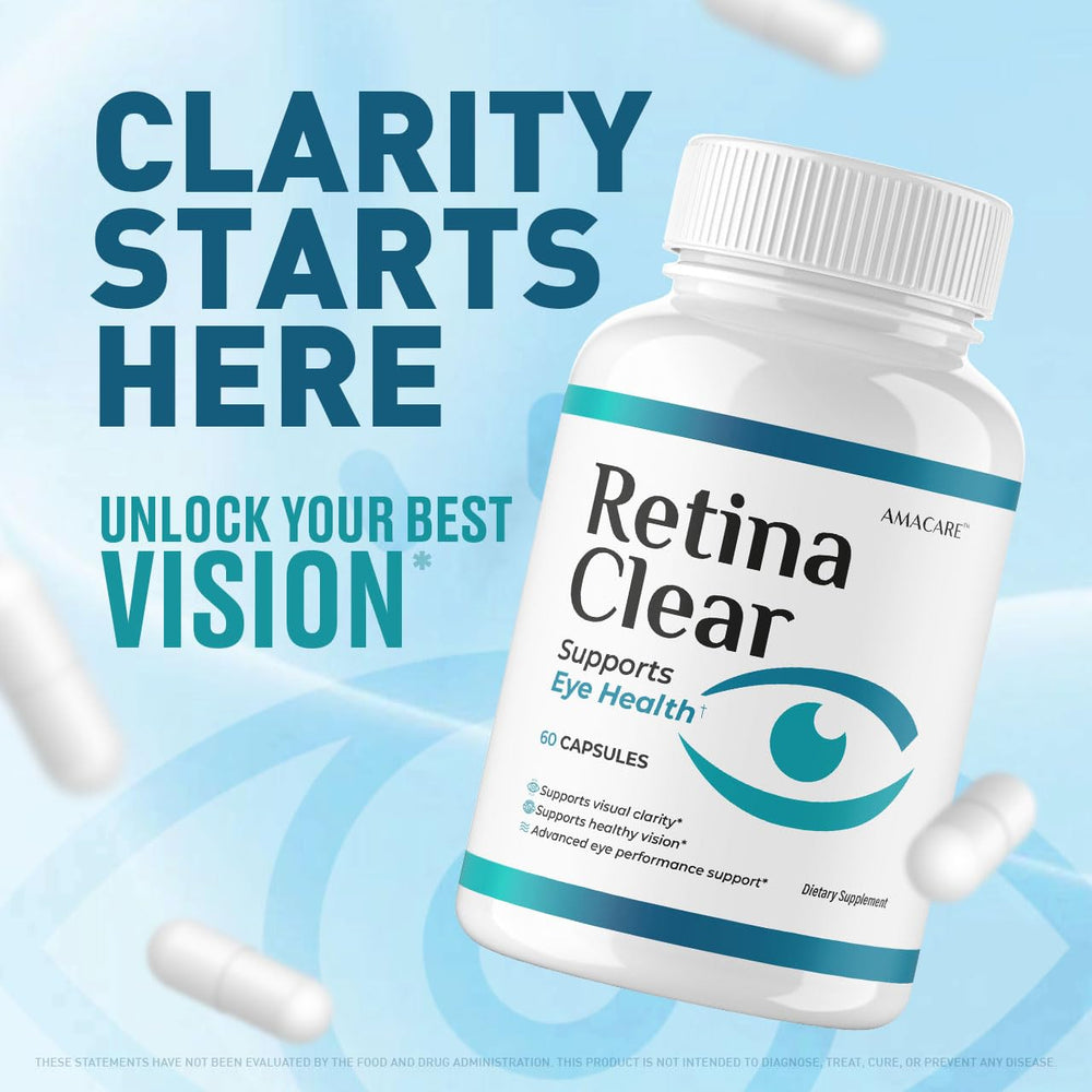 AMACARE Retina Clear label closeup highlighting quality ingredients and manufacturing.