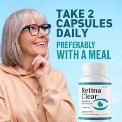 AMACARE Retina Clear packaging flatlay with bottle and capsules in lifestyle setting.
