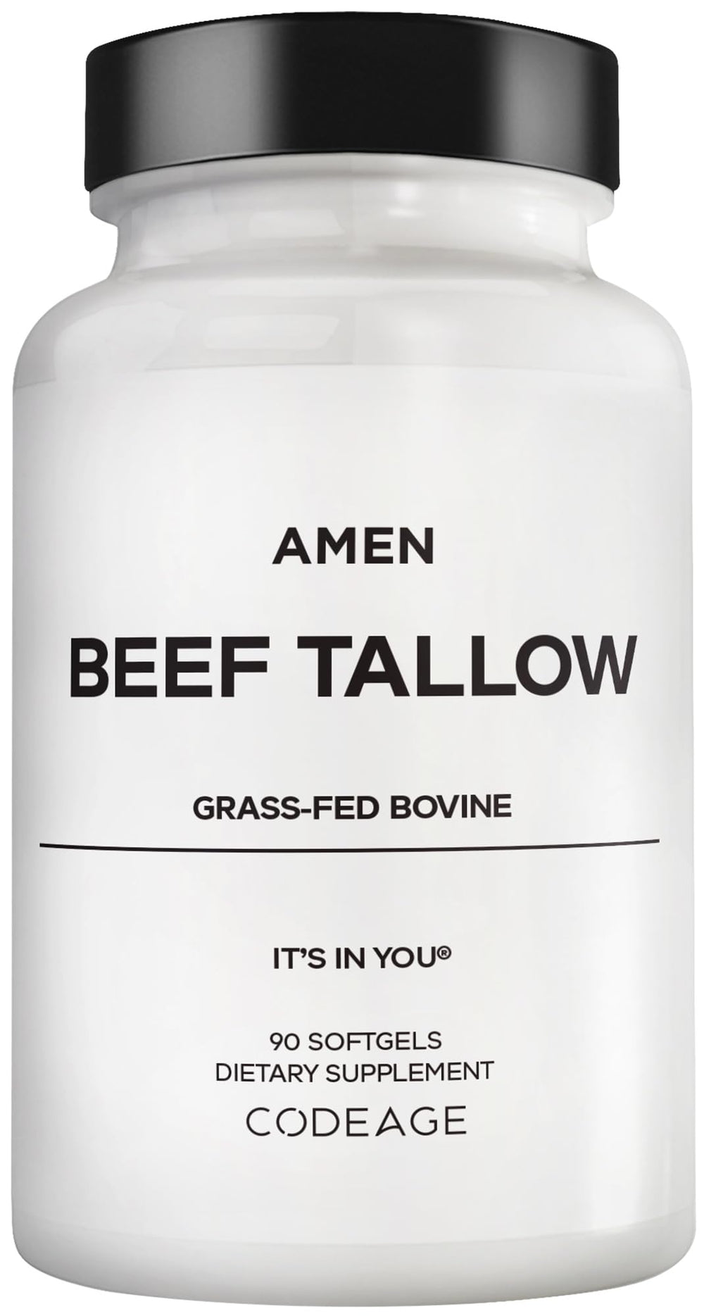Amen Beef Tallow softgel bottle, a convenient daily supplement