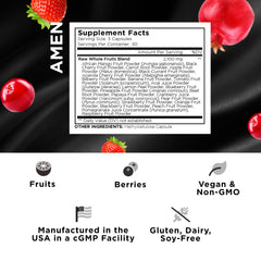 Amen Fruits capsules closeup, vegan multivitamin with over 20 fruit extracts.