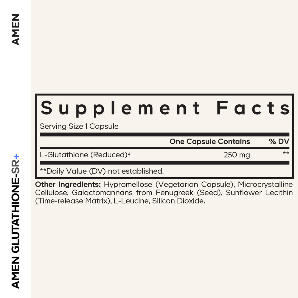 Amen Glutathione-SR+ bottle label close-up highlighting vegan and non-GMO attributes