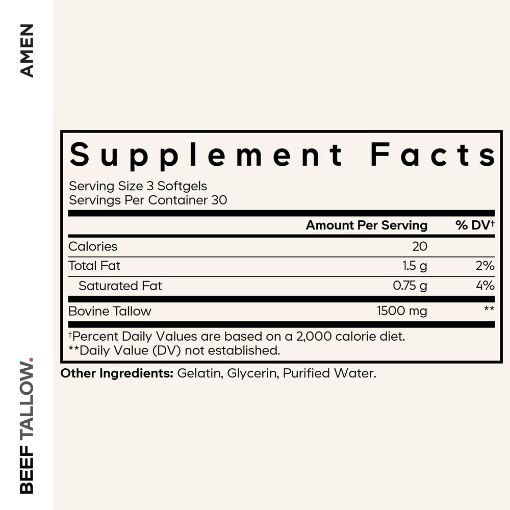 Amen Grass-Fed Beef Tallow ingredients showcase natural fats from pasture-raised cattle