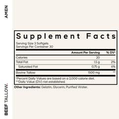 Amen Grass-Fed Beef Tallow ingredients showcase natural fats from pasture-raised cattle