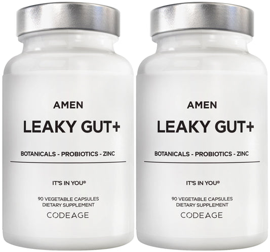 Amen Leaky Gut bottle with capsules for daily digestive support.