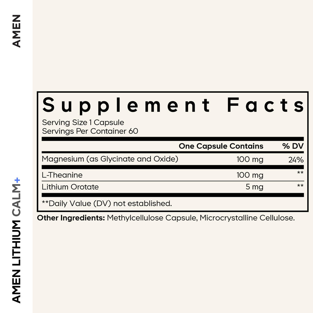 Amen Lithium Calm+ bottle front view showing compact two‑month supply.