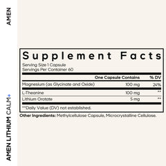 Amen Lithium Calm+ bottle front view showing compact two‑month supply.